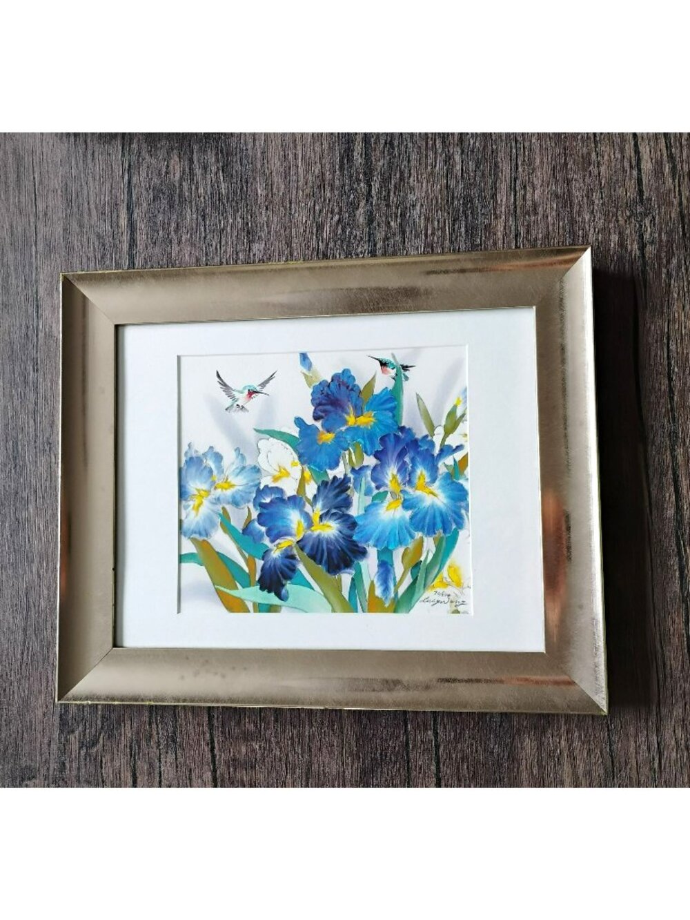 Hummingbird Blue Iris Watercolor Art Signed Lucy Wang 70/500 Gold Frame 17x14
